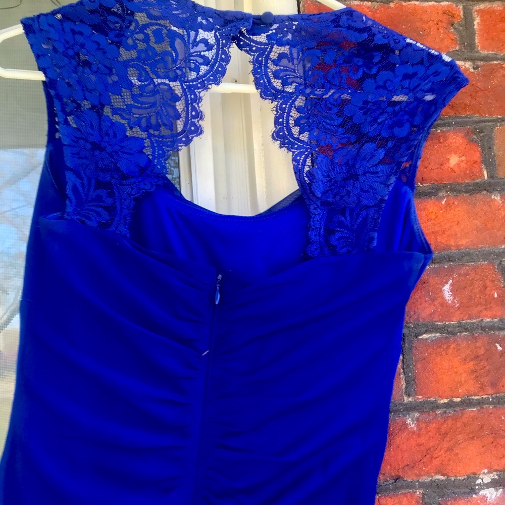 Elegant Dark Blue Lace Shoulder fitted gown